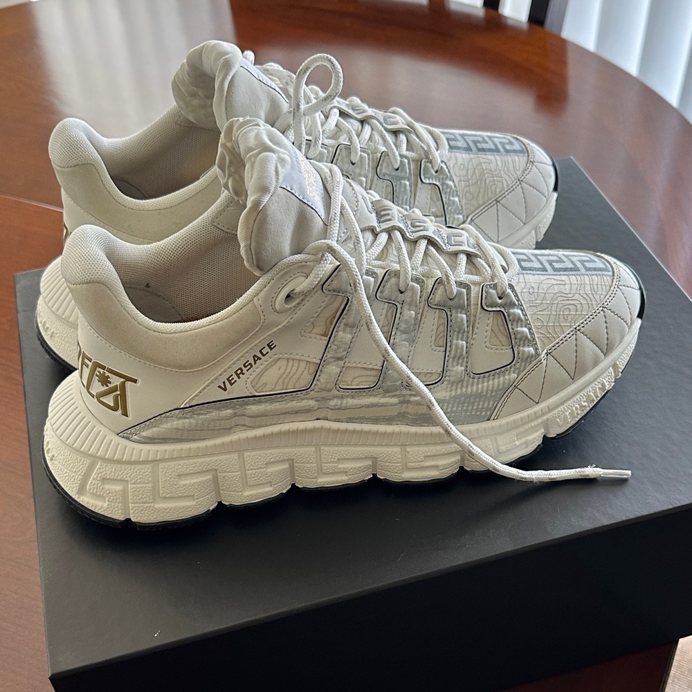 Versace Cream and White Patterned Sneakers